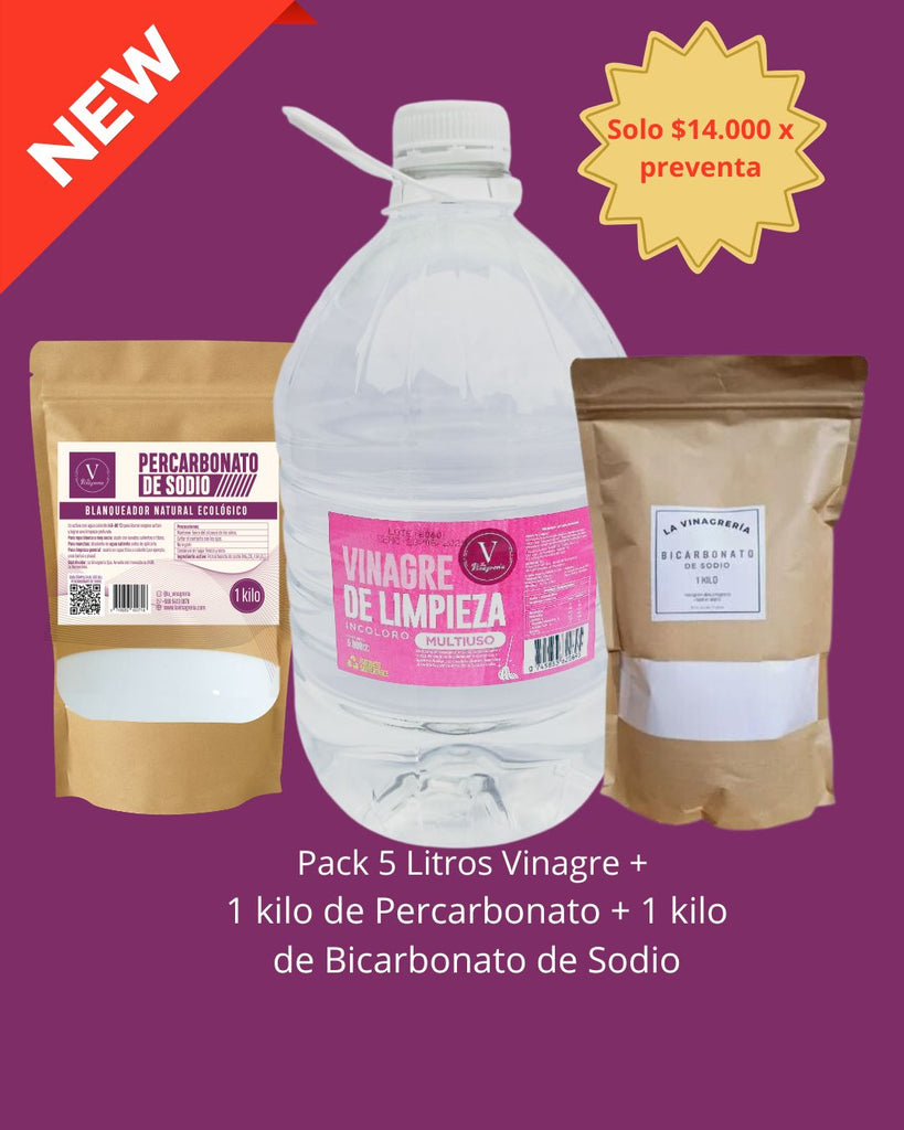 Nuevo Pack Vinagre 5 litros + 1 kilo de bicarbonato de sodio + 1 kilo de Percarbonato de sodio